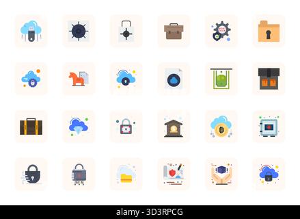 Eine übersichtliche Sammlung von 24 flachen Vektorsymbolen, die den sicheren Speicher darstellen, im hochauflösenden Display Perfect-Format für moderne Dashboards und i Stock Vektor