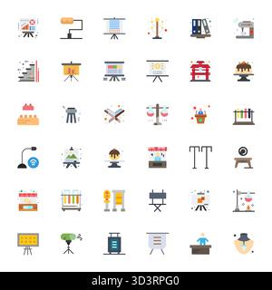 Ein vielseitiger Satz von 36 flachen Pixeln ausgerichteten Vektorsymbolen, die auf dem Ständer fokussiert sind, im gestochen scharfen Format 64 x 64, ideal für mobile und Web-Anwendungen. Stock Vektor