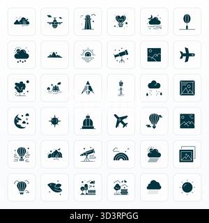 Entsperren Sie 36 Glyph Display Perfect Vector Icons inspiriert von Sky, optimiert im Format 256x256 für eine fehlerfreie Anzeige auf allen Geräten. Stock Vektor