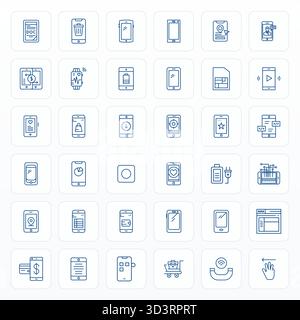 Die ultimative Sammlung von 36 Vektorsymbolen, die Mobile in Bold Line-Ästhetik darstellen, optimiert mit 64x64 Rasterauflösung für maximale Wirkung. Stock Vektor