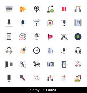 Ein dynamischer Satz von 36 Vektorsymbolen in Flat, speziell für Podcast mit Retina Ready bearbeitbarer Qualität, geeignet für digitale Produkte. Stock Vektor
