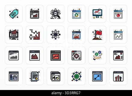 Set aus 24 Pixeln ausgerichteten Vektorsymbolen mit gefüllter Linie, die sich um den Website-Traffic drehen, in einer Auflösung von 128x128 für eine nahtlose Integration in Apps und Web Stock Vektor