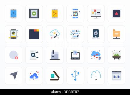 Sorgfältig zusammengestellte 24 flache Vektorsymbole für Upload mit 256 x 256 Detailauflösung für konsistente Markendarstellung und Benutzererfahrung Stock Vektor