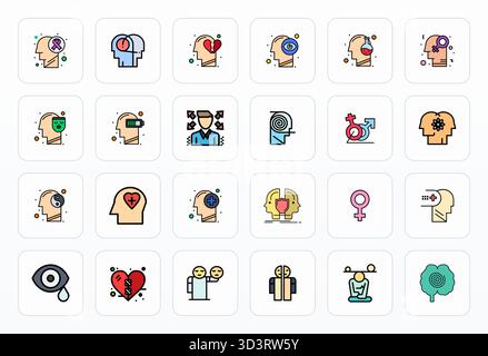 Komplettes Paket mit 24 Vektorsymbolen rund um Psychologie, mit Filled Line Design in 64x64 Pixel optimierter Qualität für moderne Schnittstellen. Stock Vektor