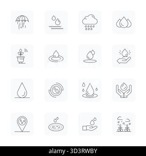 Ein dynamischer Satz von 16 Vektorsymbolen in dünner Kontur, speziell für Feuchtigkeit mit 64x64-Details. Verbesserte Qualität für digitale Produkte. Stock Vektor