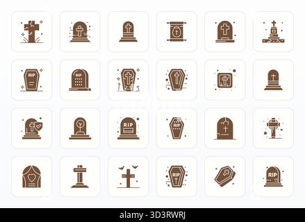 Sorgfältig zusammengestellte 24 Glyph-Vektorsymbole für Grave mit einer editierbaren Auflösung von 128x128 für konsistente Markendarstellung und Benutzererfahrung. Stock Vektor