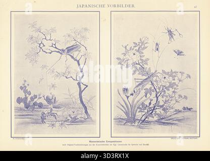 Japanische, humorvolle Tuschezeichnungen, 19. Jahrhundert. Käfer, Frösche, Krabben und Gebetsmännchen spielen in Bäumen und Rosen. Von handgezeichneten Originalen in der Königlichen Bibliothek. Humoristische Kompositionen nach Original-Tuschzeichnungen aus der Kunstbibliothek der Kgl. Centralstelle fur Gewerbe und Handel. Chromolithographie von Heinrich Dolmetsch aus seinen Japanischen Vorbildern, Japanische Entwürfe, Julius Hoffmann, Stuttgart, Deutschland 1886. Stockfoto
