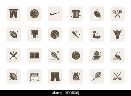 Eine übersichtliche Sammlung von 24 gefüllten Vektorsymbolen, die Athletic repräsentieren, im Format 256 x 256 Pixel für moderne Dashboards und Schnittstellen. Stock Vektor
