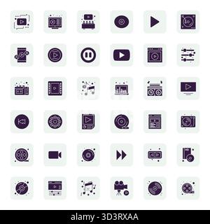 Eine übersichtliche Sammlung von 36 gefüllten Vektorsymbolen, die die Wiedergabe darstellen, im High Resolution Display Perfect-Format für moderne Dashboards und Inter Stock Vektor