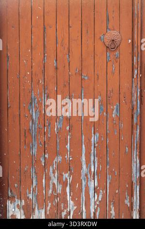 Detailansicht der abgenutzten Farbe auf Holzplatte mit Eisenknopf, genaue Untersuchung von abplatzendem Lack und mehrschichtigen Texturen auf Holzoberfläche mit Metall Stockfoto