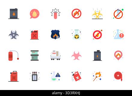 Umfassendes Paket mit 24 Vektorsymbolen im flachen Design für brennbare Stoffe, in gestochen scharfer Qualität mit 128x128 PIXELN. Stock Vektor