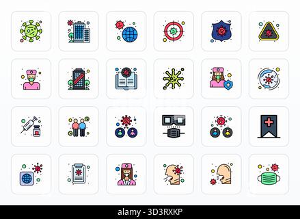 Dieses Pandemie-Vektor-Symbol-Paket enthält 24 gefüllte Linien-Designs im perfekten Format von 64x64 PIXELN, perfekt für die Verbesserung digitaler Schnittstellen. Stock Vektor