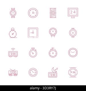 Sorgfältig kuratierte 16 Thin Line Vektor-Symbole für digitale Uhr mit einer perfekten Auflösung von 64x64 PIXELN für konsistente Markendarstellung und Benutzer e Stock Vektor