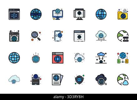 Exklusive Sammlung von 24 mit flachen Linien gefüllten Vektorsymbolen für weltweiten Zugriff, entwickelt mit Retina Ready Detail Enhanced Resolution für Premium-Kleie Stock Vektor