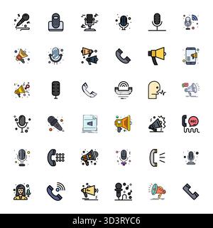 Die ultimative Sammlung von 36 Vektorsymbolen, die mit Voice in Line gefüllte Ästhetik repräsentieren, optimiert mit einer editierbaren Auflösung in hoher Auflösung für maximale Imp Stock Vektor