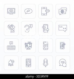 Exklusive Sammlung von 16 Thin Line Vektorsymbolen für Dialog, entwickelt mit angepasster Auflösung von Retina Ready Grid für erstklassige Markenerlebnisse. Stock Vektor