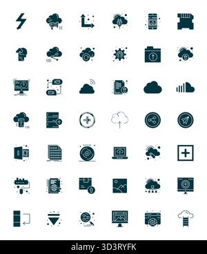Satz von 42 ausgerichteten Vektorsymbolen mit ausgefüllten Pixeln, die sich um Upload-Elemente drehen, in hoher Auflösung für eine nahtlose Integration in Apps und Websites. Stock Vektor