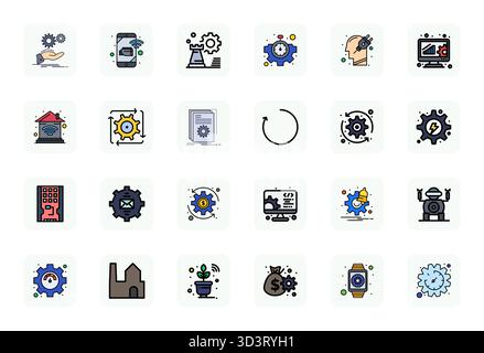 Entdecken Sie ein Set von 24 LineFilled Vektor-Symbolen, die speziell für das Thema Automation entwickelt wurden, mit High Resolution Display Perfect Designs, die ideal für moderne UI/U geeignet sind Stock Vektor