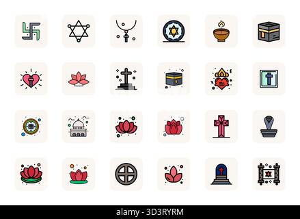 Verwandeln Sie Ihre Designs mit 24 LineFilled Vektorsymbolen rund um Sacred in einer editierbaren Auflösung von 128x128 für maximale Klarheit. Stock Vektor