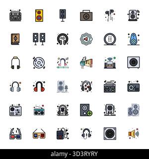 Sammlung von 36 Flat Line Filled Detail Enhanced Vektorsymbolen für Stereo im Format 128x128 für Klarheit und Vielseitigkeit. Stock Vektor