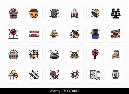 Sorgfältig zusammengestellte 24 gefüllte Linien-Vektorsymbole für Leckereien, mit 256 x 256 Detail Enhanced Resolution für konsistente Markendarstellung und Benutzerfreundlichkeit Stock Vektor