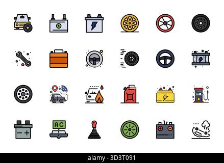 Innovatives Paket mit 24 Vektorsymbolen rund um die Automobilindustrie, mit flacher Linie gefülltem Design im Format 64x64 für moderne digitale Lösungen Stock Vektor