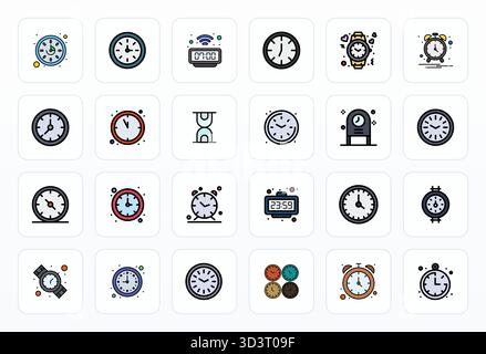 Entdecken Sie ein Set von 24 gefüllten Linien-Vektorsymbolen, die speziell für das Thema Stunde entwickelt wurden, mit 64x64 Pixel ausgerichteten Designs, die ideal für moderne UI/UX-Projekte geeignet sind. Stock Vektor
