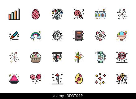 Verwandeln Sie Ihre Designs mit 24 mit flachen Linien gefüllten Vektorsymbolen, die bunt gestaltet sind und in 256 x 256 Display entwickelt wurden. Die perfekte Auflösung für maximale Helligkeit Stock Vektor