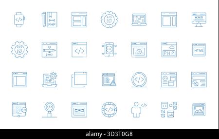 Meisterhaft erstellte 28 Vektorsymbole, die HTML im Thin Line-Design darstellen, mit 256 x 256 Display perfekte Auflösung für außergewöhnliche Bildqualität Stock Vektor