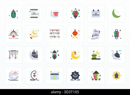 Zukunftsweisendes Paket mit 24 Vektorsymbolen rund um Eid mit flachem Design mit 128x128 Pixel ausgerichteter Klarheit für innovative Benutzeroberflächen. Stock Vektor