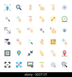 Ein vielseitiger Satz von 36 für Flat Pixel optimierten Vektorsymbolen mit Fokus auf Vergrößern, geliefert in gestochen scharfem High Resolution Format, ideal für mobile Anwendungen und Web-Anwendungen Stock Vektor
