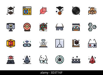 Professionelle Sammlung von 24 mit flachen Linien gefüllten Vektorsymbolen, die 3D darstellen, gefertigt mit 128x128 Pixel ausgerichteter Präzision für Unternehmensanwendungen Stock Vektor