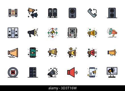 Ausgeklügeltes Paket mit 24 Vektorsymbolen mit flacher Linie für Lautsprecher, entwickelt mit 64x64 PIXELN perfekte Klarheit für professionelle Anwendungen. Stock Vektor