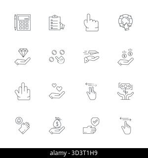 Laden Sie 16 skalierbare Thin Line Vektorsymbole herunter, die für die Hand entwickelt wurden, mit Display Perfect 64x64 Auflösung, die für professionelle und kreative Projekte geeignet sind Stock Vektor