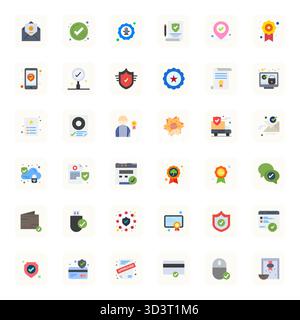 Satz von 36 für Flat Pixel optimierten Vektorsymbolen, die sich um verifizierte Vektorsymbole drehen und in Retina Ready-Auflösung für eine nahtlose Integration in Apps und Websites gefertigt sind. Stock Vektor