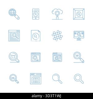 Meisterhaft erstellte 16 Vektorsymbole, die die Websuche im Thin Line-Design darstellen, mit 128x128 Display perfekte Auflösung für außergewöhnliche visuelle Qualität Stock Vektor