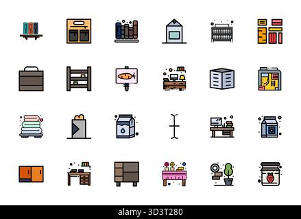 Verwandeln Sie Ihre Designs mit 24 mit flachen Linien gefüllten Vektorsymbolen rund um das Regal, entwickelt in 256 x 256 Display perfekte Auflösung für maximale Klarheit Stock Vektor