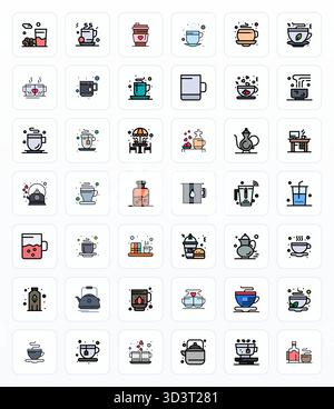 Kuratiertes Paket mit 42 128x128 Vektorsymbolen im gefüllten Line-Design, zentriert um Teekonzepte mit bearbeitbarer Klarheit. Stock Vektor