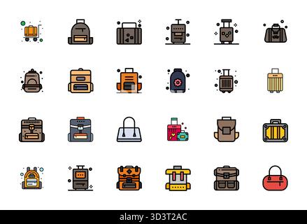Kunstvoll gestaltete 24 Pixel-optimierte Vektorsymbole für Reisetaschen, geliefert im Format 256 x 256 für konsistente visuelle Exzellenz. Stock Vektor