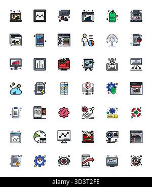 Umfassendes Toolkit mit 42 Vektorsymbolen rund um Analytics, entwickelt in flacher Linie, gefüllt mit hochauflösenden Details, verbesserte Präzision für ver Stock Vektor