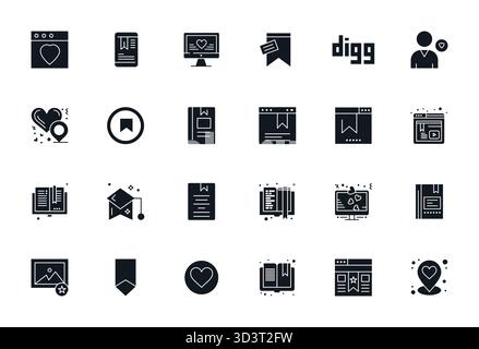 Umfassendes Paket mit 24 Vektorsymbolen in gefülltem Design für Lesezeichen, geliefert in gestochen scharfer Qualität im Format 64x64. Stock Vektor