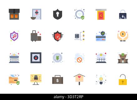 Professionelle Sammlung von 24 flachen Vektorsymbolen, die sicher darstellen, gefertigt mit Retina Ready Display, perfekter Präzision für Enterprise applicatio Stock Vektor