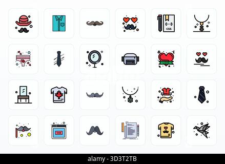 Eine übersichtliche Sammlung von 24 Vektorsymbolen für gefüllte Linien, die Style darstellen, im Format 128x128 Pixel für moderne Dashboards und Schnittstellen. Stock Vektor