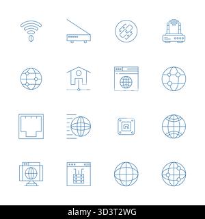 Umfassendes Paket mit 16 Vektorsymbolen im Thin Line-Design für Internetverbindungen in gestochen scharfer Detailqualität (64 x 64). Stock Vektor