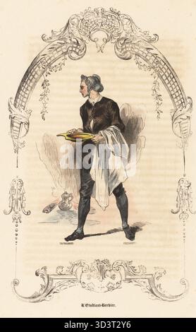 Kostüm eines französischen Barbier-Chirurgen, 18. Jahrhundert. Junger Mann in kurzer Jacke, Hosen und Gamaschen, mit Schüssel und Handtuch. L'Etudiant-Barbier-Chirugien. Handkolorierter Stahlstich von Deschamps nach einer Illustration von Theophile Fragonard, in einer dekorativen Kartusche von Anne Modave, aus Augustin Challamels Autrefois oder Le Bon Vieux Temps, Types de 18e Siecle, Challamel et Cie, 1842. Stockfoto