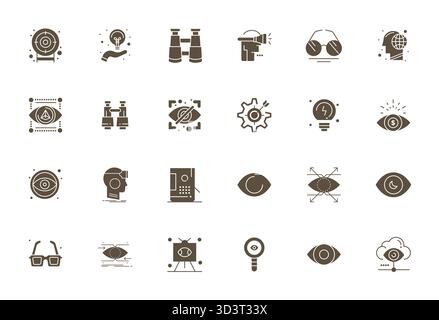 Sorgfältig zusammengestellte 24 gefüllte Vektorsymbole für Vision mit einer editierbaren Auflösung von 128x128 für konsistente Markendarstellung und Benutzererfahrung. Stock Vektor