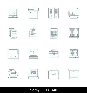 Perfekt ausbalancierte 16 dünne Linien Detail verbesserte Vektorsymbole für die Archivierung, Größe 128x128 für harmonische Integration in digitale Designprojekte. Stock Vektor