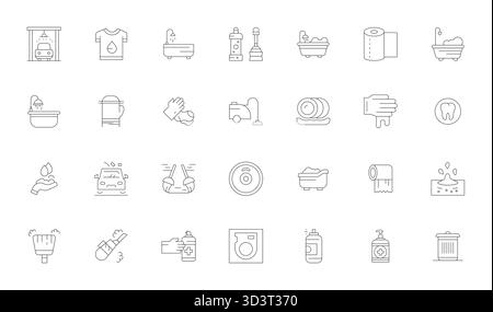 Optimieren Sie Ihre Projekte mit 28 dünnen Vektorsymbolen rund um die Reinigung, mit 128x128 Display perfekte Auflösung ideal für Reinigung und Professi Stock Vektor