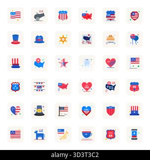 Strategisches Paket mit 36 Vektorsymbolen, die USA im Flat-Format darstellen, optimiert mit 256 x 256 bearbeitbarer Qualität für professionelle Workflows. Stock Vektor