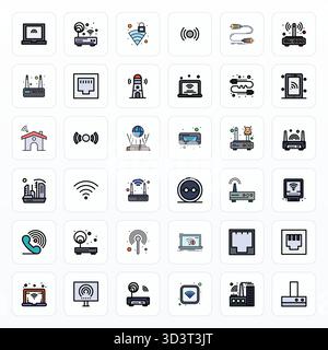 Hochleistungsfähige Sammlung von 36 gefüllten Linien-Vektorsymbolen für Modem, entwickelt mit High Resolution Detail Enhanced Resolution für optimale Benutzerinte Stock Vektor